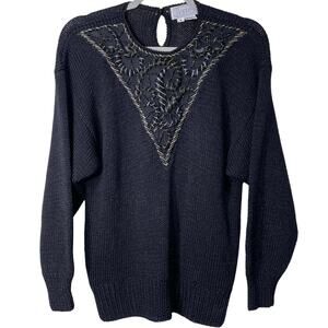 Vintage 80s 90s Black Hand Knit Sheer Bead Embellished Pullover Sweater Retro S